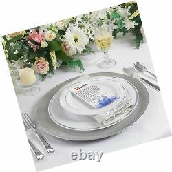 BUCLA 100Pieces Silver Plastic Plates-10.25inch Silver Rim Disposable Dinner
