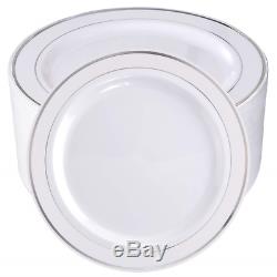 BUCLA 100Pieces Silver Plastic Plates-10.25inch Silver Rim Disposable Dinner for