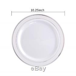 BUCLA 100Pieces Silver Plastic Plates-10.25inch Silver Rim Disposable Dinner for