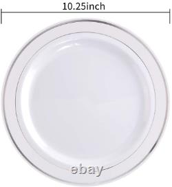 BUCLA 100Pieces Silver Plastic Plates-10.25inch Silver Rim Disposable Dinner for