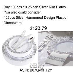 BUCLA 100Pieces Silver Plastic Plates-10.25inch Silver Rim Disposable Dinner for