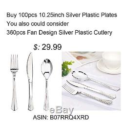 BUCLA 100Pieces Silver Plastic Plates-10.25inch Silver Rim Disposable Dinner for