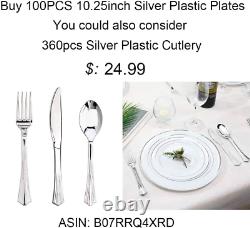 BUCLA 100Pieces Silver Plastic Plates-10.25inch Silver Rim Disposable Dinner for