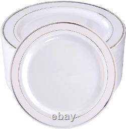 BUCLA 100Pieces Silver Plastic Plates-10.25inch Silver Rim Disposable Dinner for