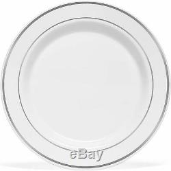 BloominGoods Silver Rimmed Plastic Dinner Plates (100 Pack) 10.25 Inch Heavywei