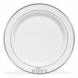 BloominGoods Silver Rimmed Plastic Dinner Plates (100 Pack) 10.25 Inch Heavywei