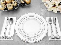 BloominGoods Silver Rimmed Plastic Dinner Plates (100 Pack) 10.25 Inch Heavywei