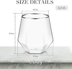 Bokon 100 Pack Plastic Diamond Wine Glass Set Clear Stemless Silver Rim