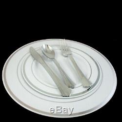 Bulk Dinner Wedding Disposable Plastic Plates Silverware Party Silver Rim 10 7