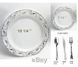 Bulk Dinner Wedding Disposable Plastic Plates Silverware Party Silver Rim design