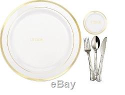 Bulk, Dinner / Wedding Disposable Plastic Plates & silverware, white / gold rim