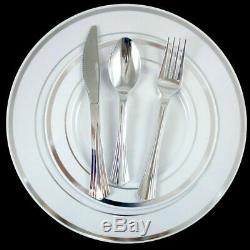 Bulk, Dinner / Wedding Disposable Plastic Plates & silverware white silver rim