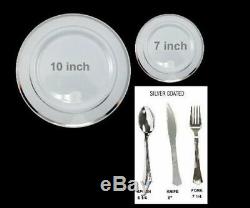 Bulk, Dinner / Wedding Disposable Plastic Plates & silverware white silver rim