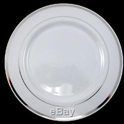 Bulk, Dinner / Wedding Disposable Plastic Plates & silverware, white /silver rim