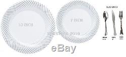 Bulk Dinner Wedding Disposable Plastic Plates silverware white swirl silver rim