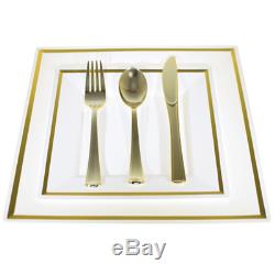 Bulk, Dinner/Wedding Disposable Plastic Square Plates silverware, silver/gold rim