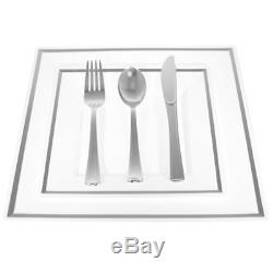 Bulk, Dinner/Wedding Disposable Plastic Square Plates silverware, silver/gold rim