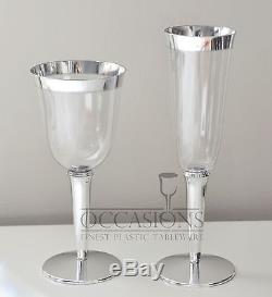 Bulk, Wedding Disposable Plastic Champagne Flutes, Wine cups, silver rim glasses