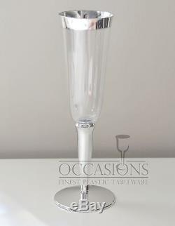 Bulk, Wedding Disposable Plastic Champagne Flutes, Wine cups, silver rim glasses