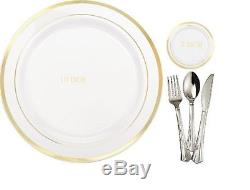 Bulk anniversary wedding dinner Plastic Plates & silverware gold rim/silver rim