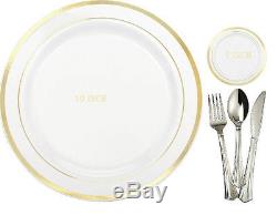 Bulk wedding party disposable plastic plates silverware silver rim gold rim