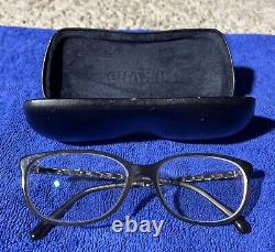 CHANEL 3221-Q C. 819 Black Leather Glasses Frames Silver Chain 53-15-135mm