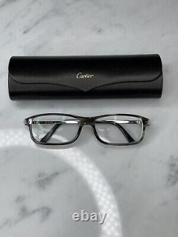 Cartier Men Eyeglasses Santos De Cartier Brushed Silver Gray Tortoise