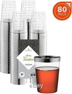 Clear Disposable Plastic Cups With Silver Rim 10 Oz. Pack Of (80) Fancy Hard