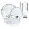 Clear With Silver Vintage Rim Round Disposable Plastic Dinnerware Value Set 120