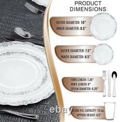 Clear with Silver Vintage Rim Round Disposable Plastic Dinnerware Value Set 120