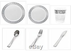 Decorline China Plastic Plates White withSilver Rim Cutlery Cups Wedding Reception
