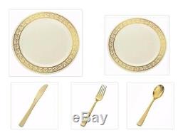 Decorline Disposable Wedding Plastic Plates & Cutlery White Cream Gold Silver
