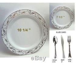 Dinner Wedding Disposable Plastic Round Plates white / silver / Gold rim Design