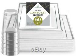 Disposable Dinnerware Pack of 60 20 each, 10 & 7 Silver Rim with Cups