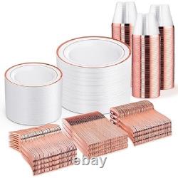 Disposable Dinnerware Set 100 Guests Elegant Gold Rimmed Plastic Plates Cutlery