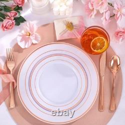 Disposable Dinnerware Set 100 Guests Elegant Gold Rimmed Plastic Plates Cutlery