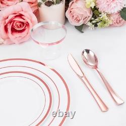Disposable Dinnerware Set 100 Guests Elegant Gold Rimmed Plastic Plates Cutlery