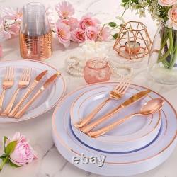Disposable Dinnerware Set 100 Guests Elegant Gold Rimmed Plastic Plates Cutlery