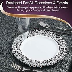 Disposable Elegant Plastic 10.25 Dinner Plates White with Silver Diamond Rim