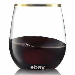 Disposable Gold Rim Stemless Wine Goblet Glasses 12 Oz Set -For Parties