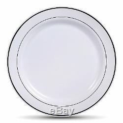 Disposable Plastic Plates & silverware white silver rim Set Party Anniversary
