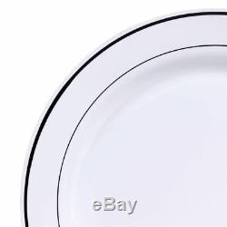 Disposable Plastic Plates & silverware white silver rim Set Party Anniversary