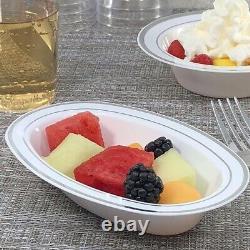 Disposable Plastic Soup Bowls 6oz-Heavy Duty White Oval with Silver Rim 240pcs