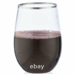Disposable Silver Rim Stemless Wine Goblet Glasses 16 Oz Set For Parties BULK