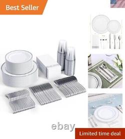Elegant 350-Piece Heavy-Duty Disposable Set Silver Rim Plates & Utensils
