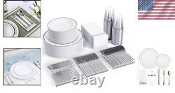 Elegant 350-Piece Heavy-Duty Disposable Set Silver Rim Plates & Utensils