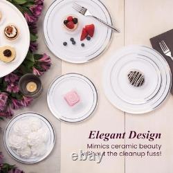 Elegant 60 Count Silver Rimmed Plastic Plates for Weddings & Special Events