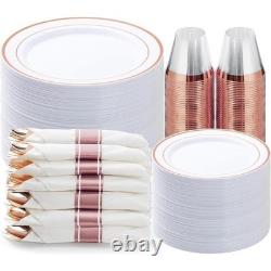 Elegant Disposable Party Plates Silver Rim 50 Dinner Salad Cups Utensils Set New