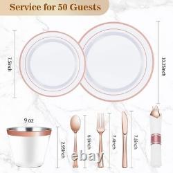 Elegant Disposable Party Plates Silver Rim 50 Dinner Salad Cups Utensils Set New