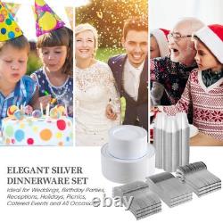 FOCUSLINE 600 Ct Silver Dinnerware Set for 100 Guests Silver Rimmed Disposa